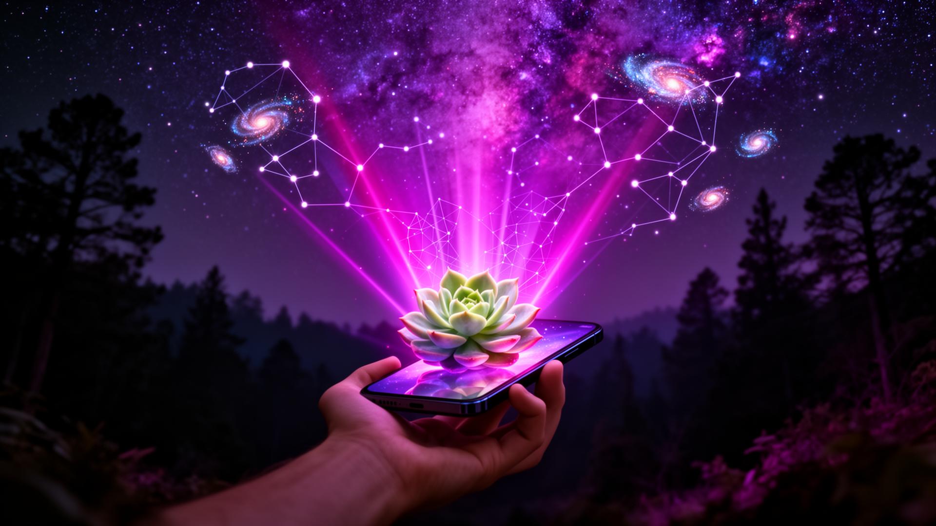 Mão segurando um celular que projeta uma constelação botânica para o cosmos